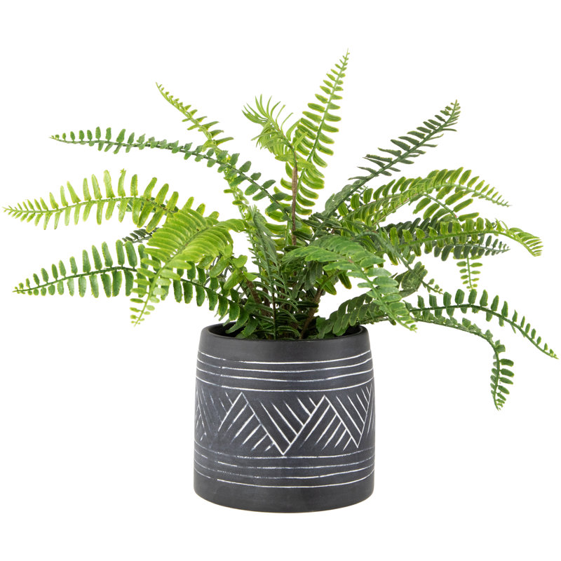 12'' Green Faux Fern Plant in Charcoal Aztec Ceramic Pot