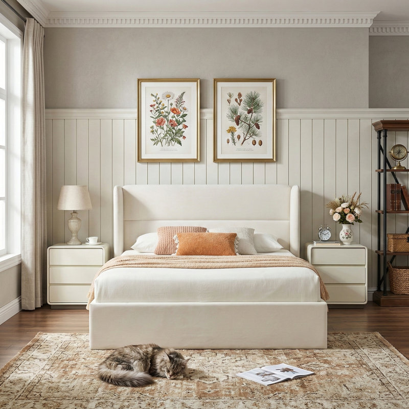 Lit plateforme tapissier avec rangement Gaillarde, Double, Crème