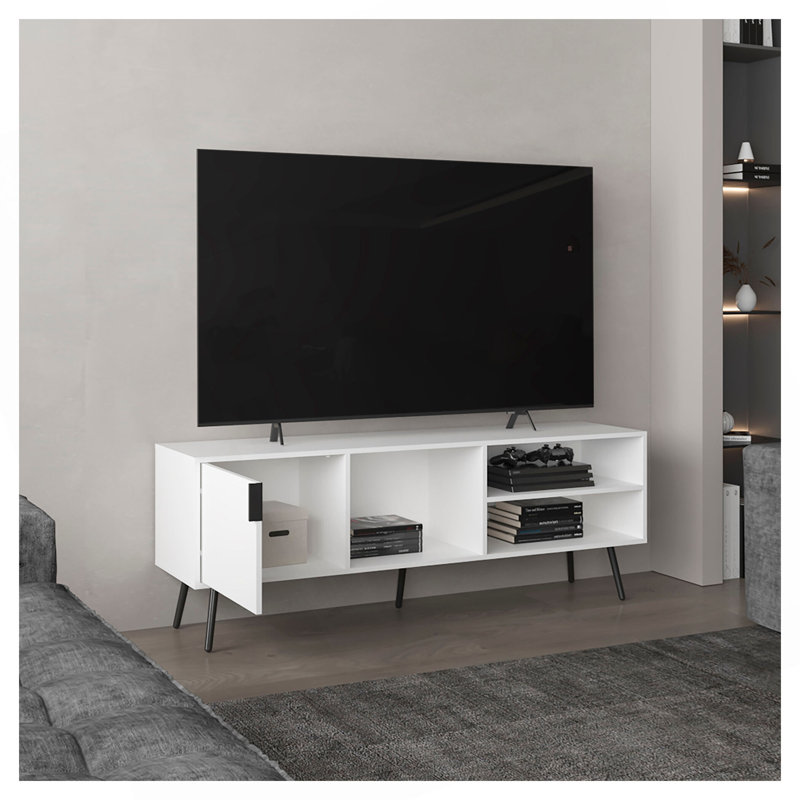Meuble télé, 1 porte, 3 tablettes, Blanc