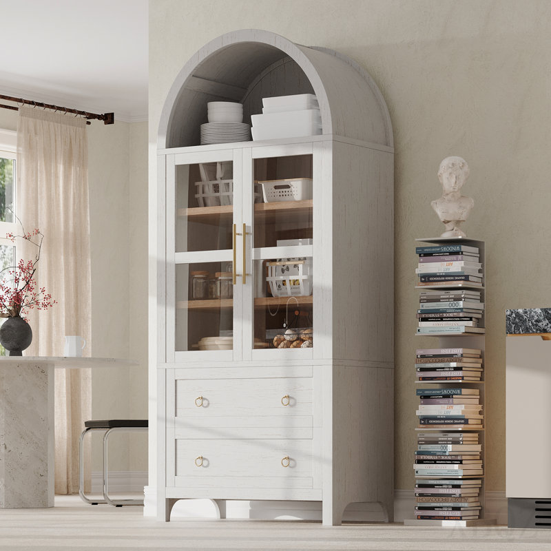 Grand garde-manger arqué de 71 po avec 2 grands tiroirs, armoires de cuisine de campagne moderne avec tablettes réglables, porte vitrée, armoire en bois polyvalente pour la cuisine, salle à manger, blanc
