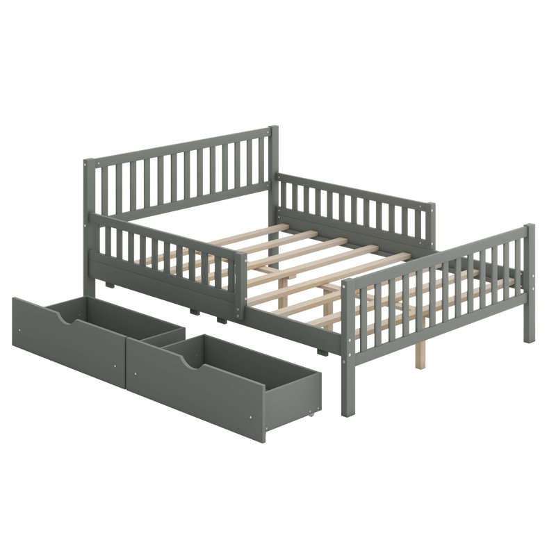 Lit plateforme en bois - garde-corps double face + deux tiroirs de rangement intégrés, Lit simple, Gris