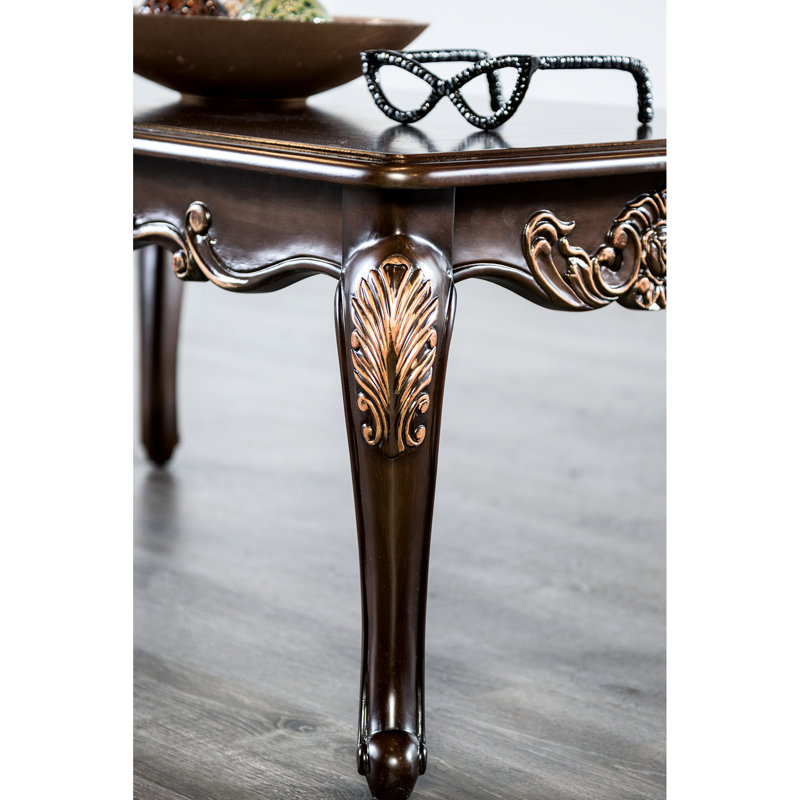 1Pc Dark Cherry Traditional Style Coffee Table, Rectangle Shape, Solid Wood Structure, Legs, Design And Gold Highlights, 52"W X 30.5"D 19"H