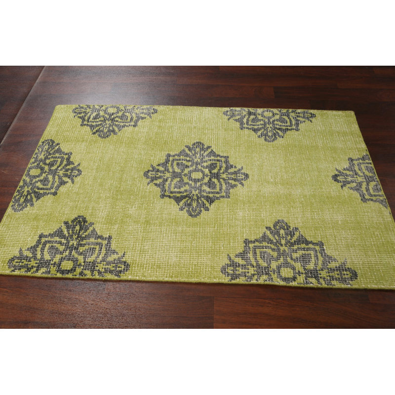 Tapis vert en laine noué à la main de conception unique 3 pi 7 po x 5 pi 7 po