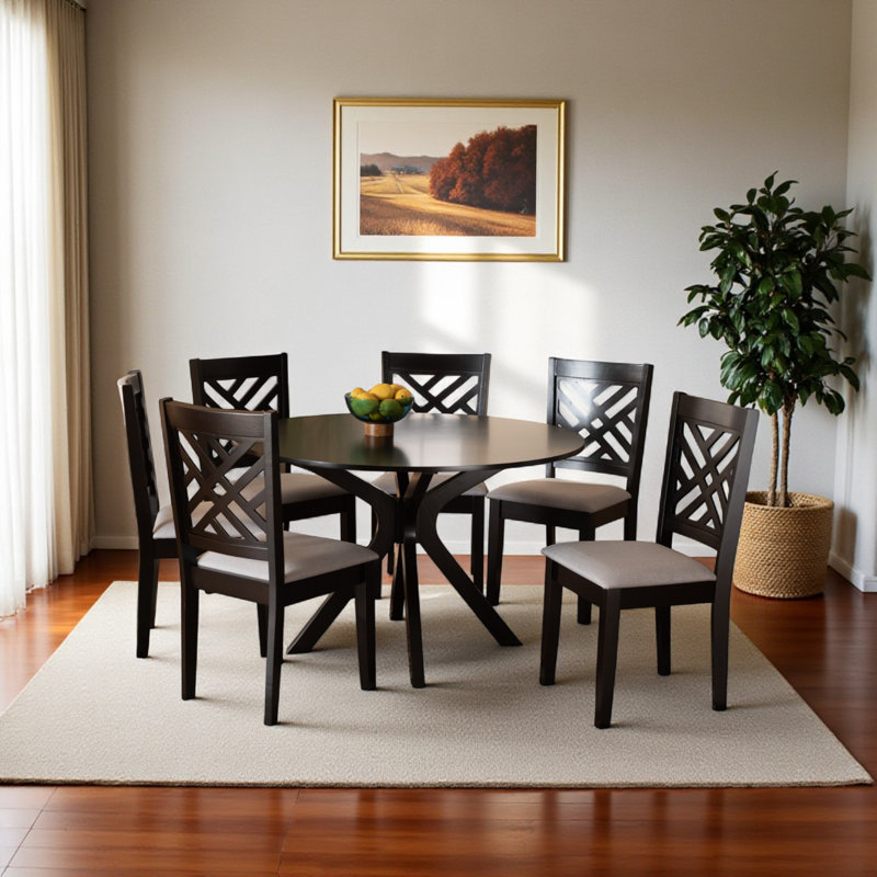 Ashlyn 7-Piece Gray Fabric Upholstered & Espresso Finish Dining Set, 29.68" H X 44.55" W X 44.55" D, Dark Brown