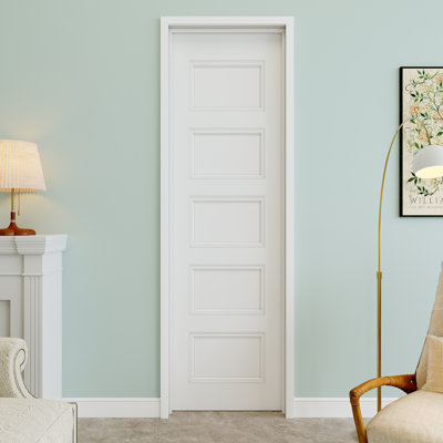 24" x 80" 5-Panel Molded Solid Interior Prehung Door with Silver Hinges, Solid Core Door Slab, Paintable & Waterproof, Suit for Laundry, Closet Doors, Room Doors, Left Hand