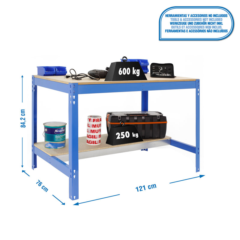 Wood Top Workbench, 84.2cm H x 91cm W x 61cm D, Blue/Beige
