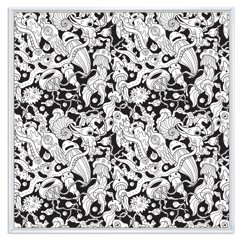 «Deep Sea Monsters» en noir et blanc - reproduction d'art sur toile à motifs, H 16 po x l 16 po, Cadre flottant blanc