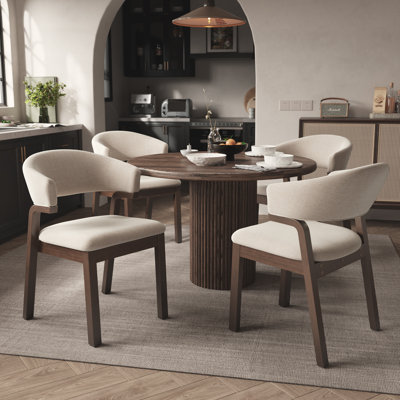 Modern Curved Dining Chair with Solid Wood Legs – Linen Upholstered Armchair