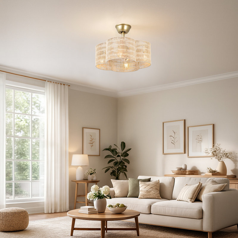 19.7" Scalloped Rattan Ceiling Fan with Remote and Light, Beige