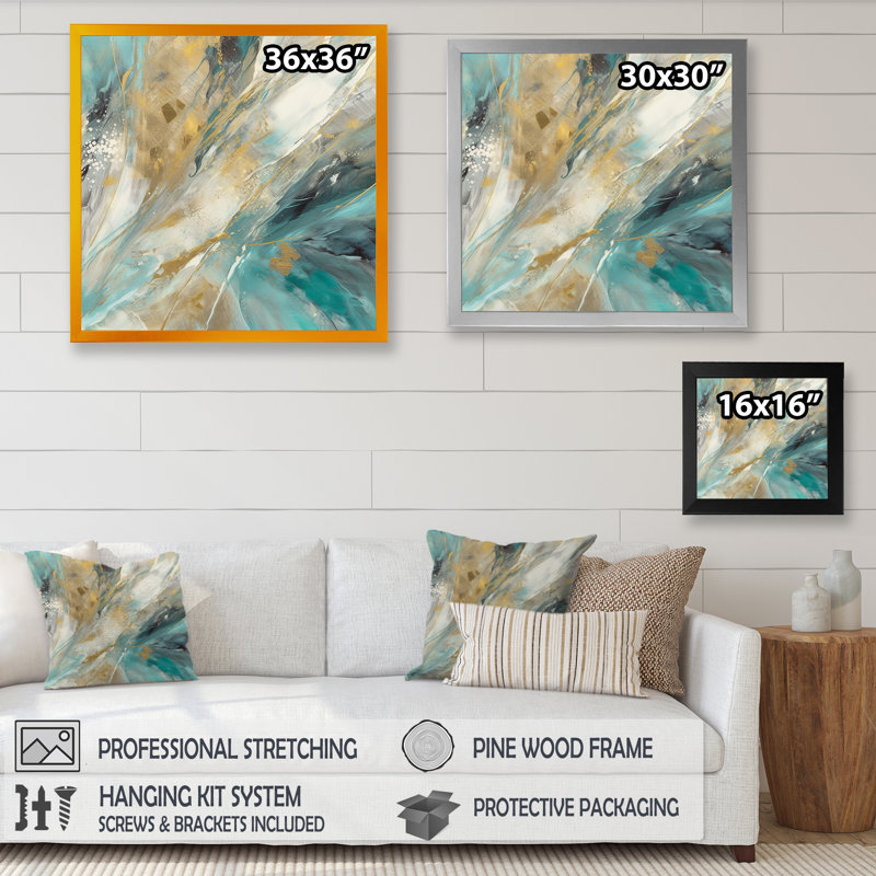 Golden Hour in Turquoise Waves IV - Art mural abstrait, Cadre photo noir, H 16 po x l 16 po x P 1 po