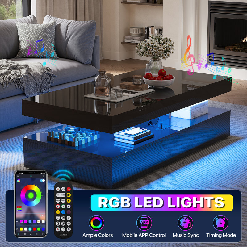 47” High-Glossy LED Coffee Table With 2 Sliding Drawers, Modern Stylish Double-Layer Center Tables With LED Lights, Black