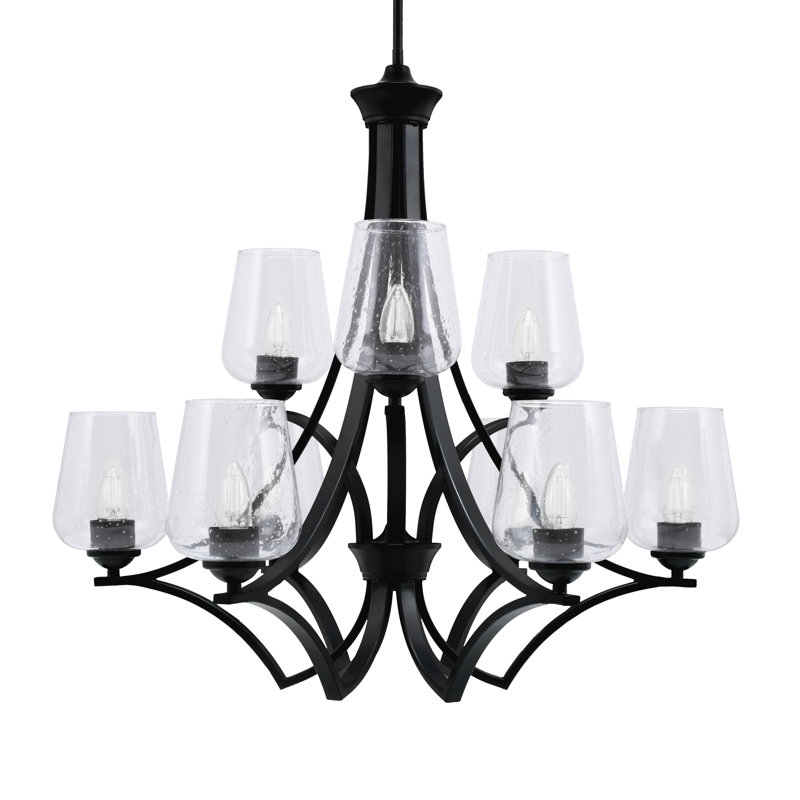 Lustre 9 lumières Zilo avec verre à bulles transparent 5 po Zilo, Noir mat