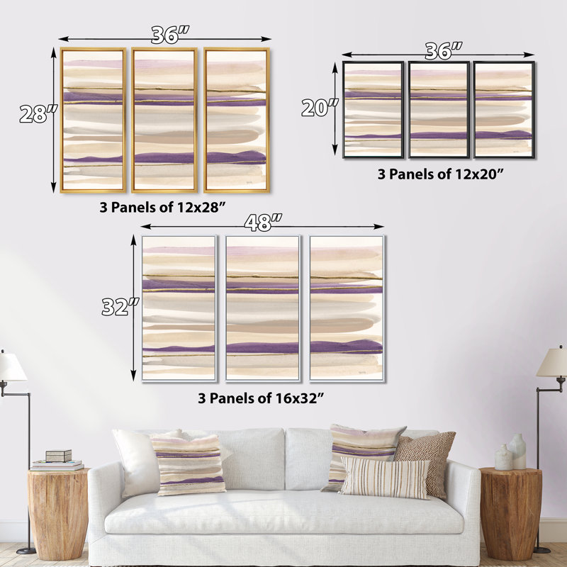 Shape Of Glam Mauve I - Shabby Elegance, ensemble de 3 toiles d'art encadrées, L 36 po x H 20 po, Encadrement brun