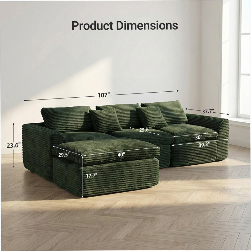 Boneless 108-Inch High-Resilience Sponge Sofa With Cloud-Like Cushions And Flexible Modular Design., Vert