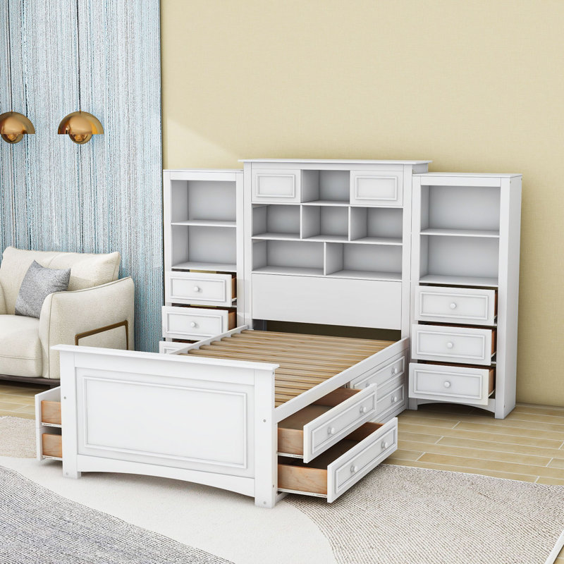 Lit plateforme simple en bois avec tiroirs de rangement et tête de lit, Blanc