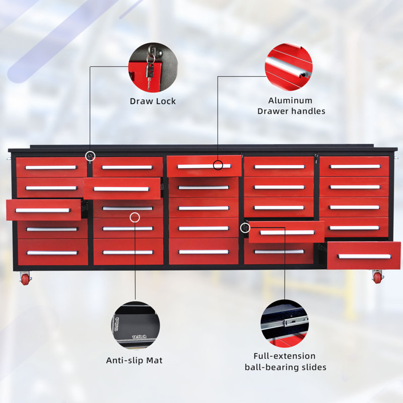 10Ft Workbench With Storage Drawers (25 Drawers), Red