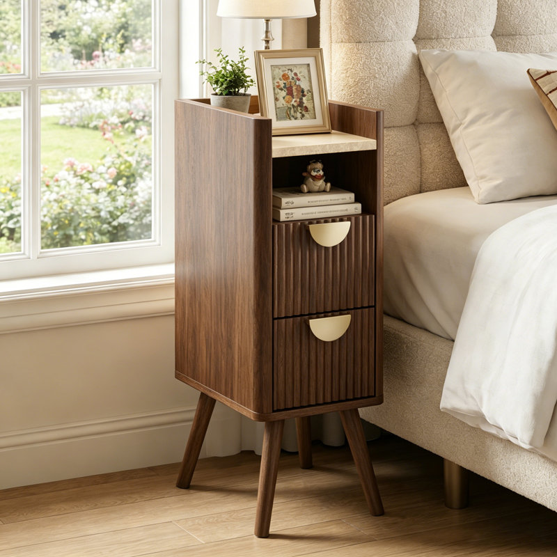 Table de chevet étroite moderne à 2 tiroirs avec rangement ouvert et table de chevet compacte en MDF pour chambre à coucher