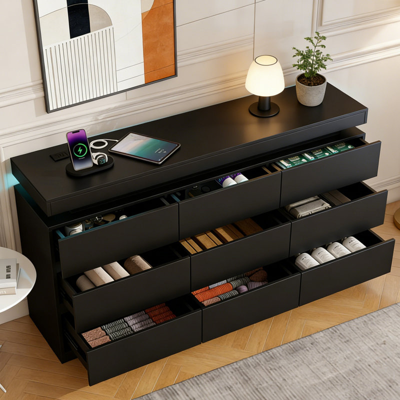 Double Wide Dresser With RGB LED Lights & Charging Station, 9-Drawer Storage Cabinet For Multi-Rooms, Modern Design, Black