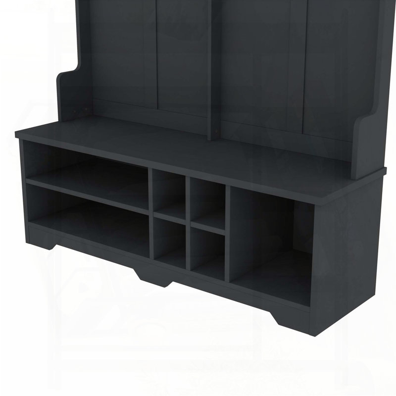 Modern Hallway Hall Tree with 6 Hooks and Shoe Cubbies, Black