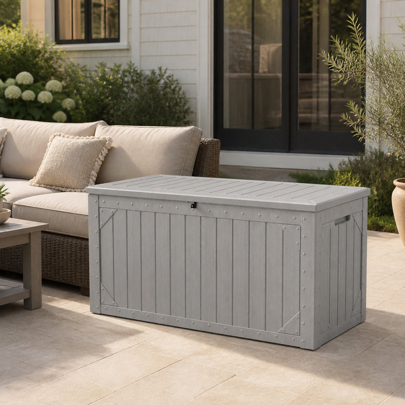 Coffre de terrasse extérieur en résine FLIXE 109 gallons avec couvercle verrouillable et vérins de levage, Gris