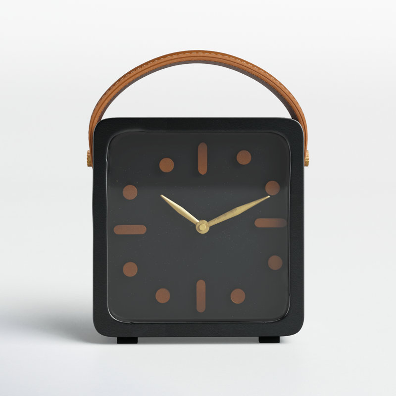 Analog Metal Quartz Tabletop Clock in Black, 8.45" H x 6.85" W x 2.75" D