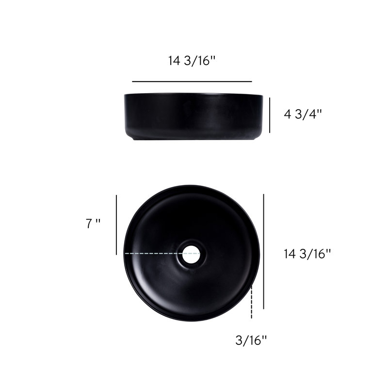 14 po x 14 po Lavabo vasque de salle de bain rond en céramique, Noir mat
