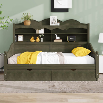 Twin Daybed With Storage Drawers, Wood Twin Day Bed With 3-Tier Storage Headboard Shelves, Retro Style Twin-Size Daybed