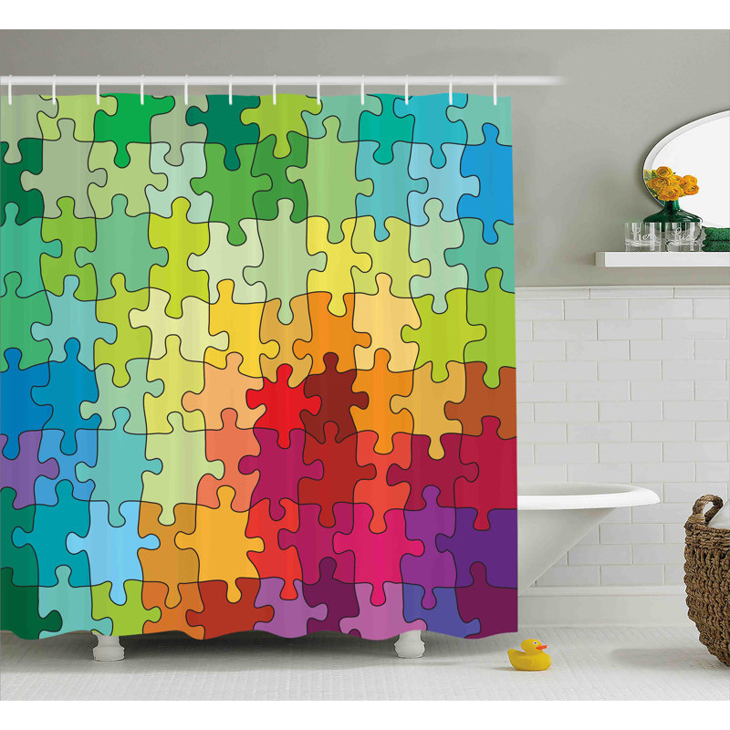 Colorful Puzzle Pieces Fabric Shower Curtain with Hooks