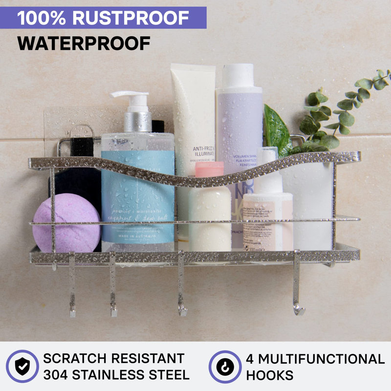 Strauser Adhesive Stainless Steel Shower Caddy, Polished Silver