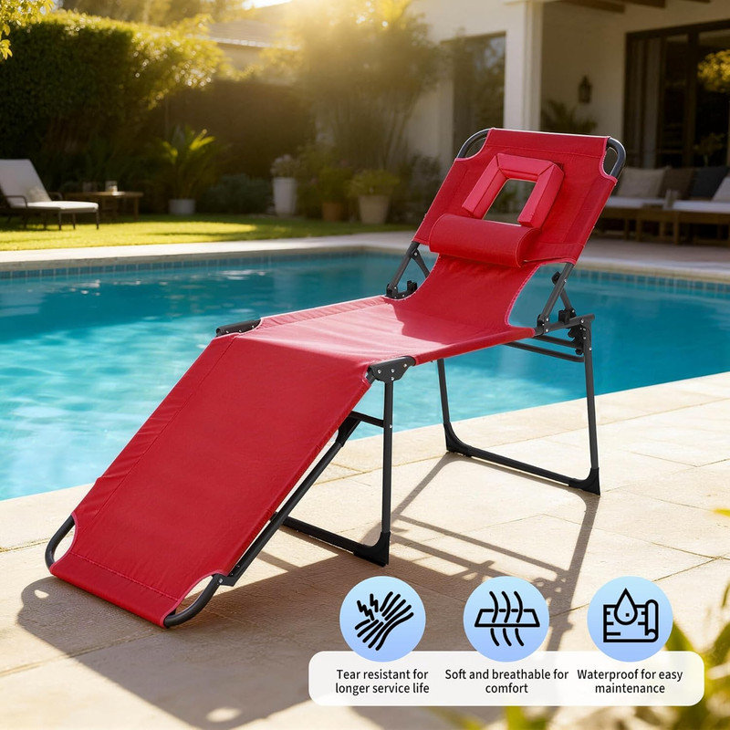 Folding Tanning Chair with Face Hole, 5-Position Adjustable Backrest, Portable Beach Lounge Chair with Pillow & Side Pocket for Backyard, Poolside, Patio