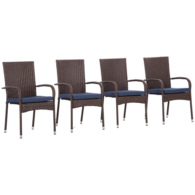 Outsunny Stackable PE Rattan Outdoor Dining Chairs With Cushions, Set Of 4 Patio Wicker Dining Chairs With Armrests And Backrest For Patio, Deck