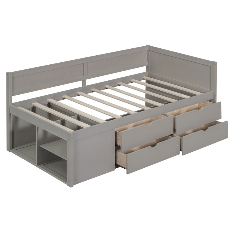 Lit de jour simple de couleur grise avec tiroirs coulissants et trois tablettes, cadre, structure de rangement de style moderne et intemporel, structure solide pour une utilisation à long terme, lattes aérées, assemblage simple