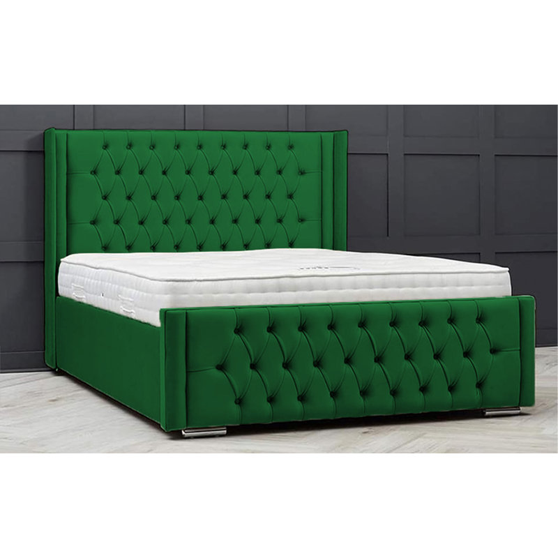 Lucio Velvet Upholstered Bed Frame - Curved Headboard, Sprung Slatted Base, Double (4'6), Emarald