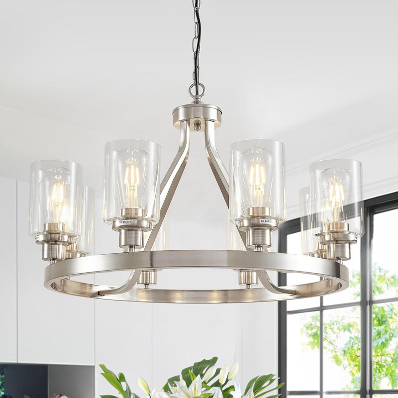Modern 8-Light Chandelier With Adjustable Height, Brushed Nickel Finish, And Glass Shade For Dining Room, Kitchen, Or Living Room Ceiling Lighting