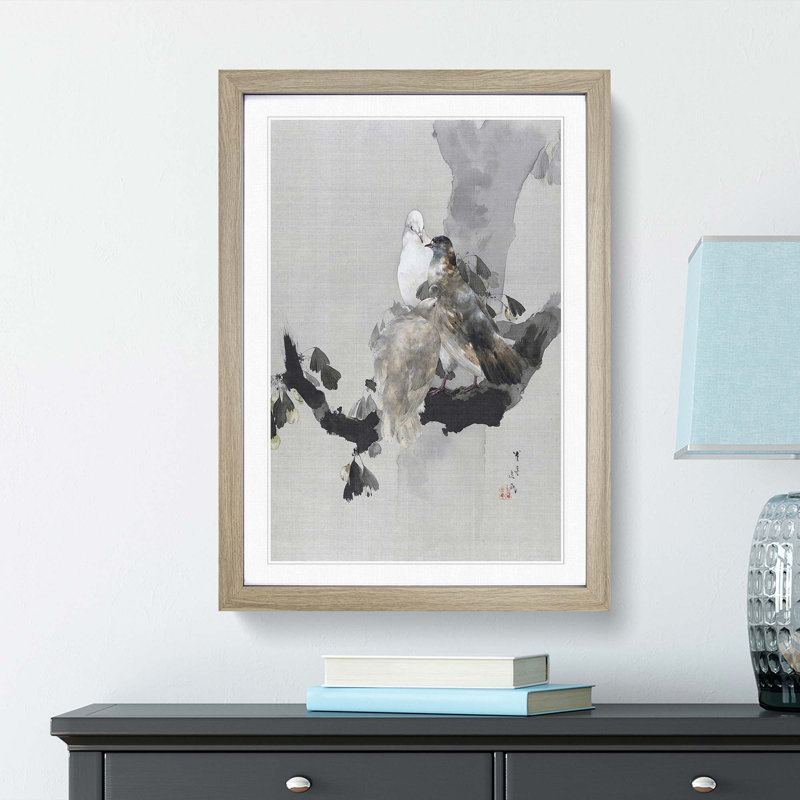 Pigeons in a Tree by Watanabe Seitei - Framed Print, Oak Framed, 48cm H x 36cm W x 2cm D