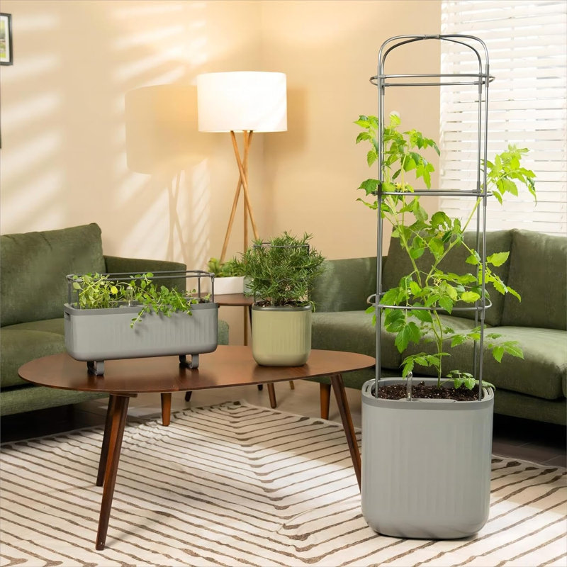 Mini Tomato Plastic Outdoor Pot Planter with Trellis, Fog Gray