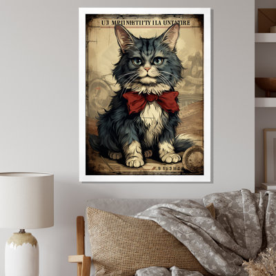 " Cat With Red Bow Vintage Illustration "