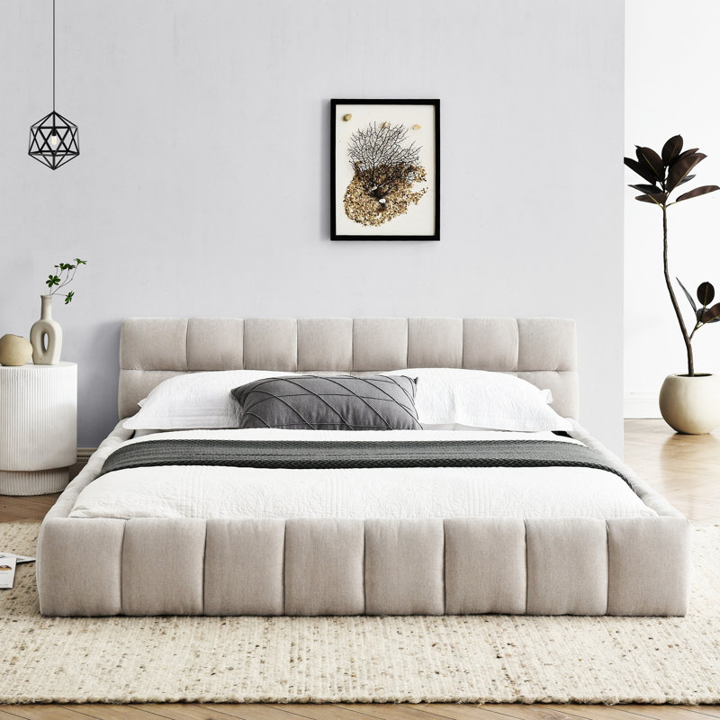 Modern Beige Queen Bed Frame With Chenille Fabric And Headboard, Strong Stable, No Box Spring Size Platform Covering, Support, Spring,