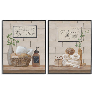 Go Relax Traditional Bathroom 2 PC Black Framed Giclee Art Set by Pam Britton