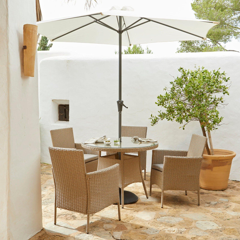 Dubose 4 Seater Rattan Round Garden Dining Set with Cream Parasol, Brown