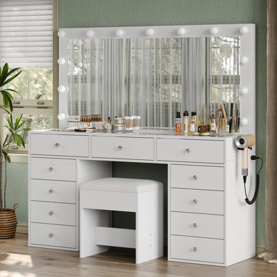 Makeup Vanity With Mirror And Lights, 3 Lighting Modes, Vanity Desk With Power Outlet, 13 Drawers Vanity Table, Fold-Up Pane Dressing Table Set by Latitude Run