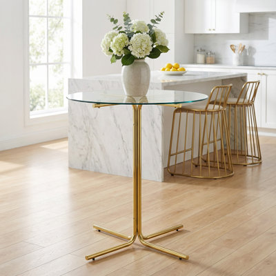 Stylish Round Glass Bar Height Table with Tempered Glass Top and Gold Plated Four-Column Base - Ideal for Compact Living Spaces, Kitchens, and Entertaining Areas