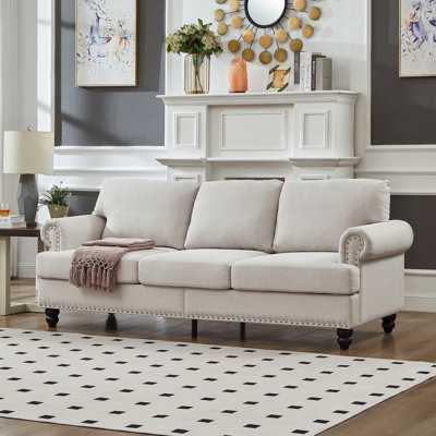 83" With Removable Cushion Covers, Beige, Three Seats, Round Arm Nails, Solid Wood Frame And Legs, Spring Pocket Seating Beige , Silver Frame, Coil Cushion, Storage Under Seat, Covers