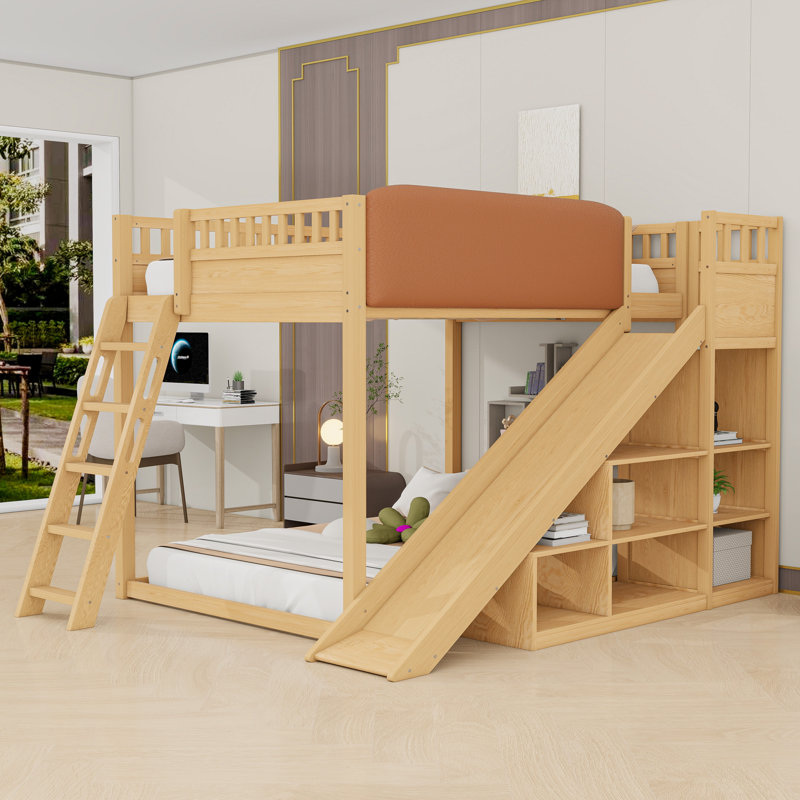 Lit mezzanine avec glissoire, échelle et tablettes de rangement, Grand lit, Naturel