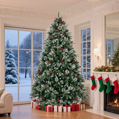 Arbre de Noël artificiel givré 8 pi avec pommes de pin et baies 1550 branches pour un assemblage facile