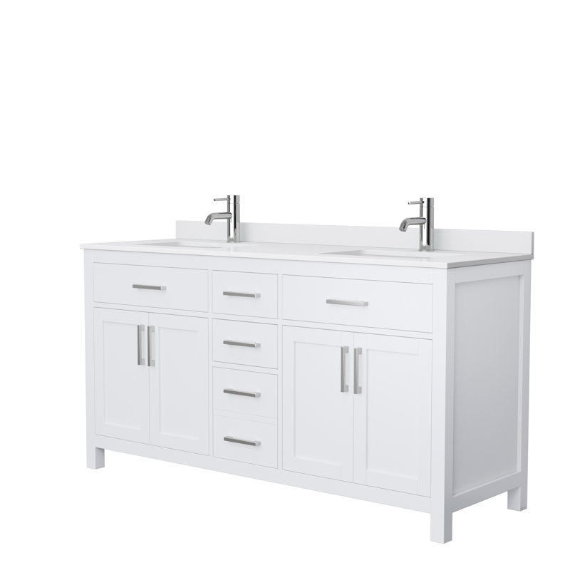 Beckett 66" Freestanding Double Bathroom Vanity with Cultured Marble Top, Brushed Nickel, White Cultured Marble, White