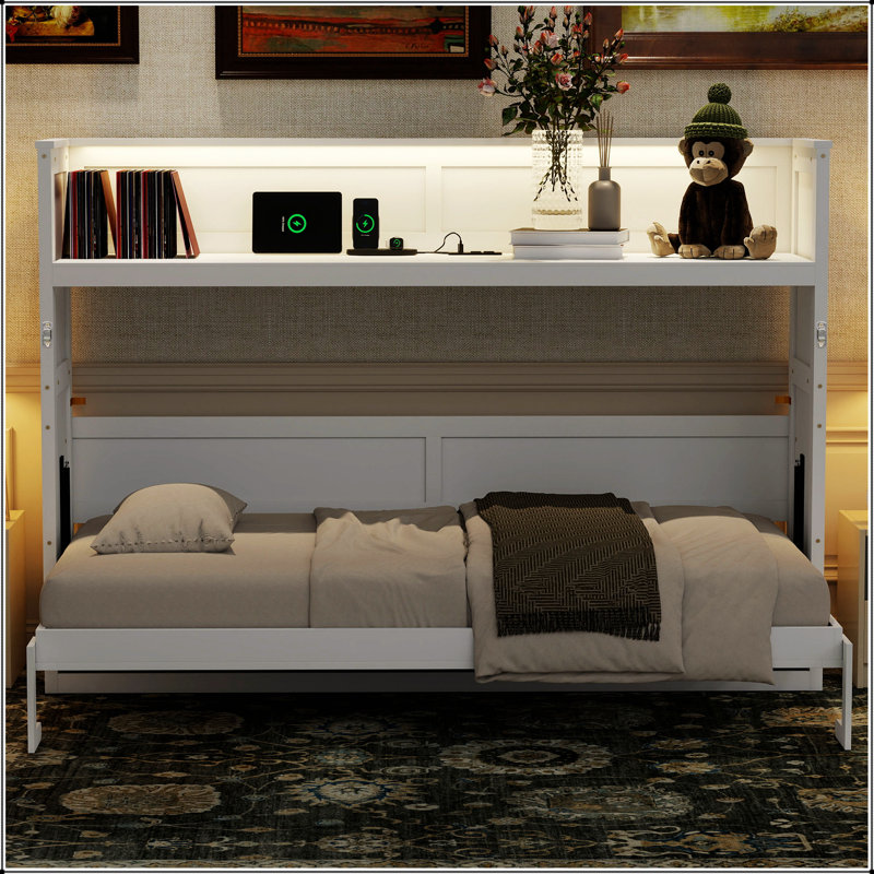 Lit escamotable simple TG avec bureau, lumière DEL et station de charge USB pour la vie moderne, blanc