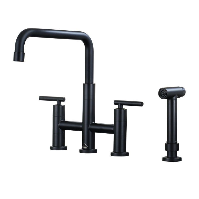 Sleek 2-Handle Bridge Kitchen Faucet with Pull-Out Side Sprayer, Black