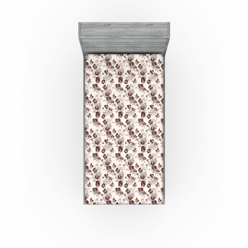 Ambesonne Nature Fitted Sheet Leaves Botanical Style Art, Twin Fitted Sheet, Maroon/Mauve/Ivory Floral