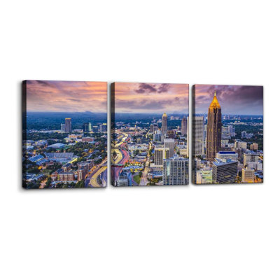 «Atlanta Cityscape Wall Art, Georgia City Skyline», reproduction d'art sur toile pour décoration intérieure gratte-ciel du centre-ville, peinture tendue et encadrée prête à être accrochée - panneaux de 12 po x 16 po x 3 po
